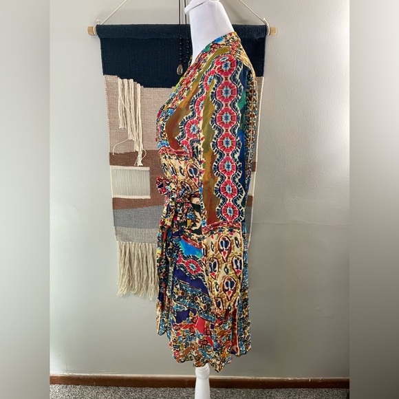 Zara Multicolor Paisley Boho Fit & Flare Long Sleeves Mini dress with belt S - Picture 5 of 11